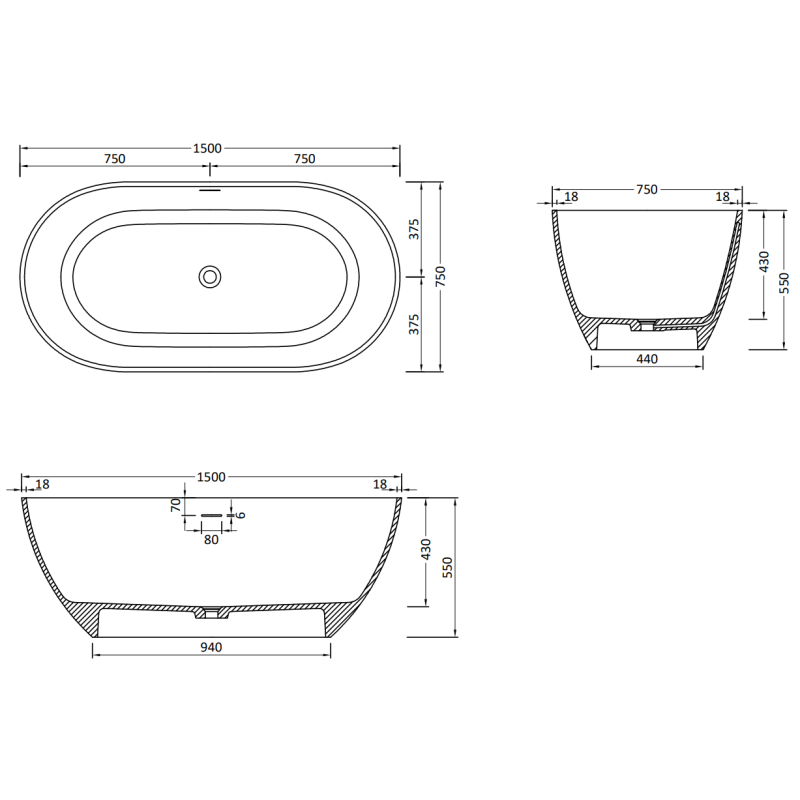 Mexen Rimini freistehende Badewanne aus Konglomerat 150 x 75 cm, schwarz matt - 57241507570
