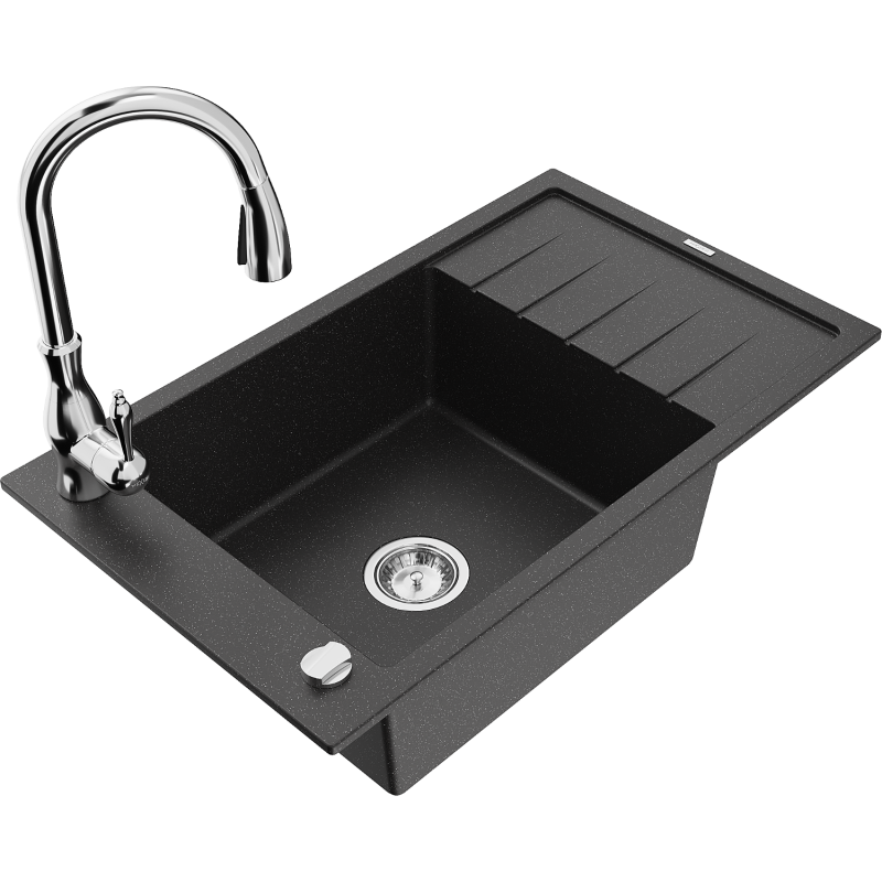 Mexen Elias Granitspüle 1-Becken mit Abtropffläche und Küchenarmatur Savita, schwarz/silber metallic- 6511-73-672601-00