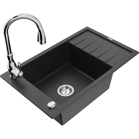 Mexen Elias Granitspüle 1-Becken mit Abtropffläche und Küchenarmatur Savita, schwarz/silber metallic- 6511-73-672601-00