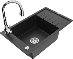 Mexen Elias Granitspüle 1-Becken mit Abtropffläche und Küchenarmatur Savita, schwarz/silber metallic- 6511-73-672601-00