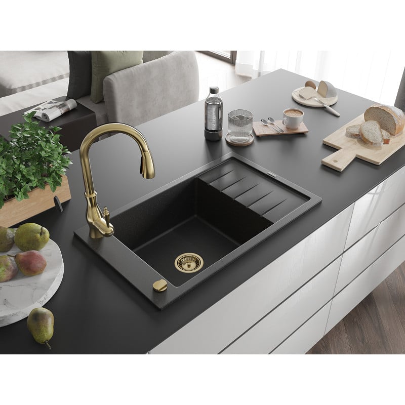 Mexen Elias Granitspüle 1-Becken mit Abtropffläche und Küchenarmatur Savita, schwarz/silber metallic- 6511-73-672601-50