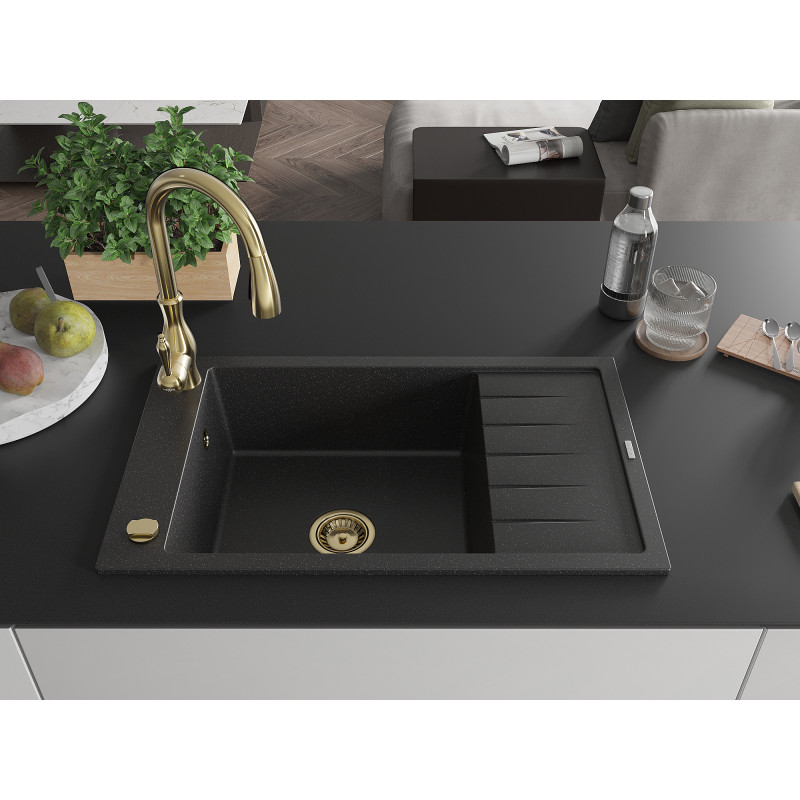 Mexen Elias Granitspüle 1-Becken mit Abtropffläche und Küchenarmatur Savita, schwarz/silber metallic- 6511-73-672601-50