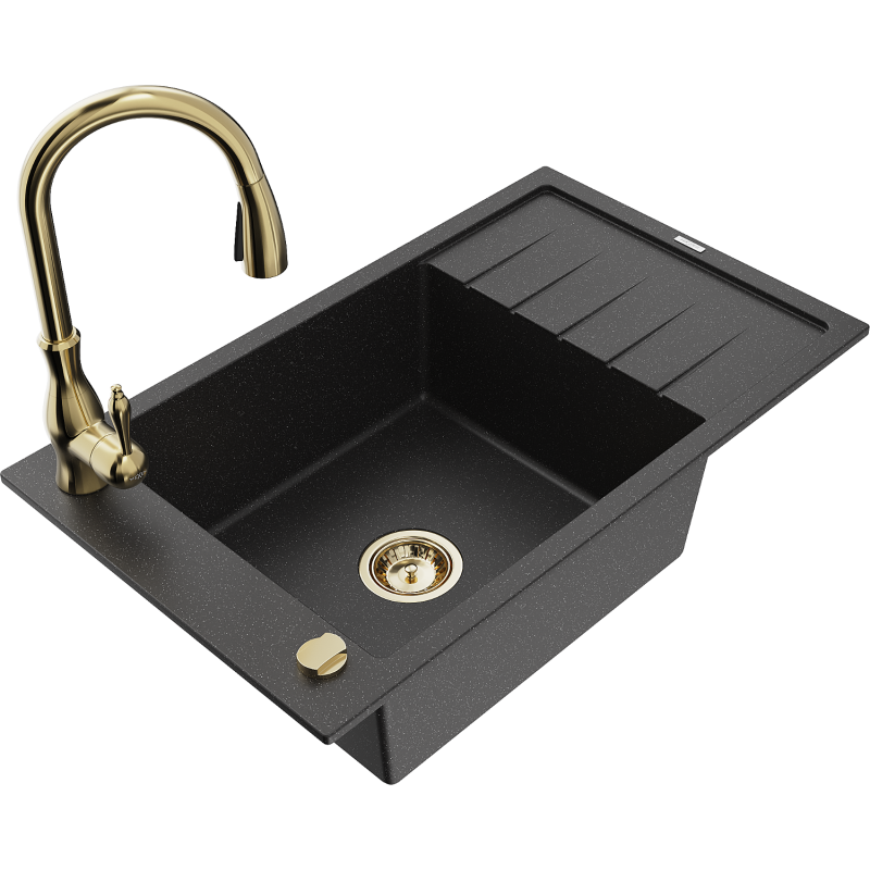 Mexen Elias Granitspüle 1-Becken mit Abtropffläche und Küchenarmatur Savita, schwarz/silber metallic- 6511-73-672601-50
