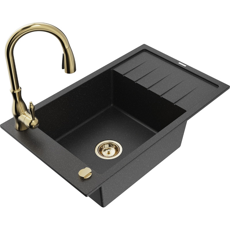 Mexen Elias Granitspüle ein Becken mit Abtropffläche und Küchenarmatur Savita, schwarz/silber metallic - 6511-73-672601-50