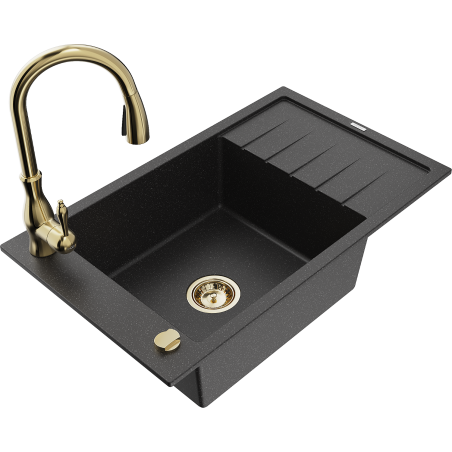 Mexen Elias Granitspüle 1-Becken mit Abtropffläche und Küchenarmatur Savita, schwarz/silber metallic- 6511-73-672601-50