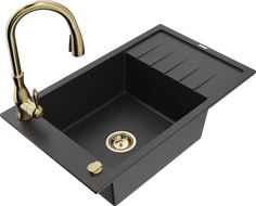 Mexen Elias Granitspüle 1-Becken mit Abtropffläche und Küchenarmatur Savita, schwarz/silber metallic- 6511-73-672601-50