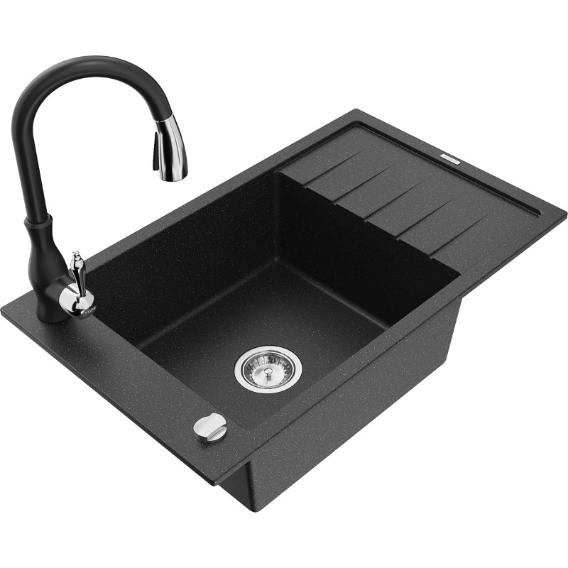 Mexen Elias Granitspüle 1-Becken mit Abtropffläche und Küchenarmatur Savita, schwarz/silber metallic - 6511-73-672601-70