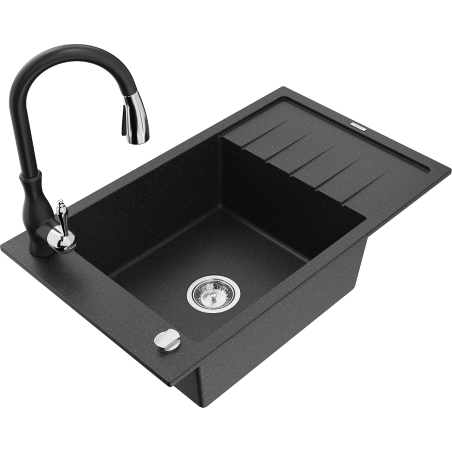 Mexen Elias Granitspüle 1-beckig mit Abtropffläche und Küchenarmatur Savita, schwarz/silber metallic- 6511-73-672601-70