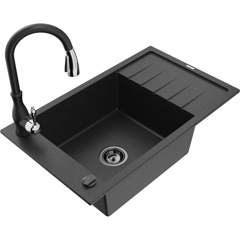 Mexen Elias Granitspüle 1-beckig mit Abtropffläche und Küchenarmatur Savita, schwarz/silber metallic- 6511-73-672601-70-B