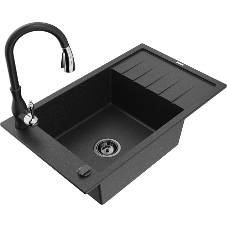 Mexen Elias Granitspüle ein Becken mit Abtropffläche und Küchenarmatur Savita, schwarz/silber metallic - 6511-73-672601-70-B