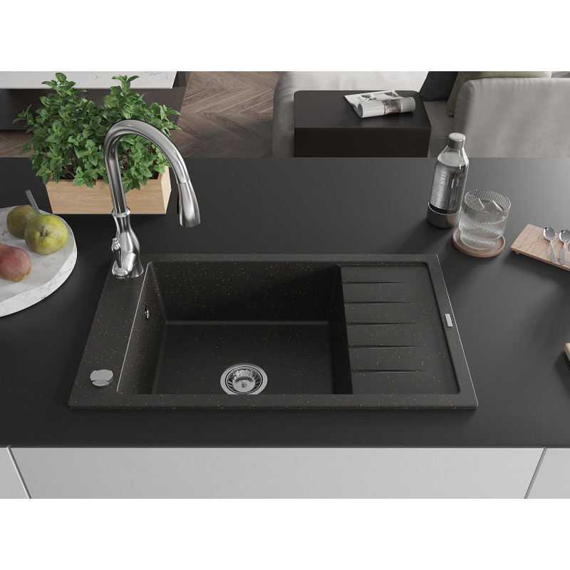 Mexen Elias Granitspüle 1-Becken mit Abtropffläche und Küchenarmatur Savita, schwarz/goldenes Metallic- 6511-75-672601-00