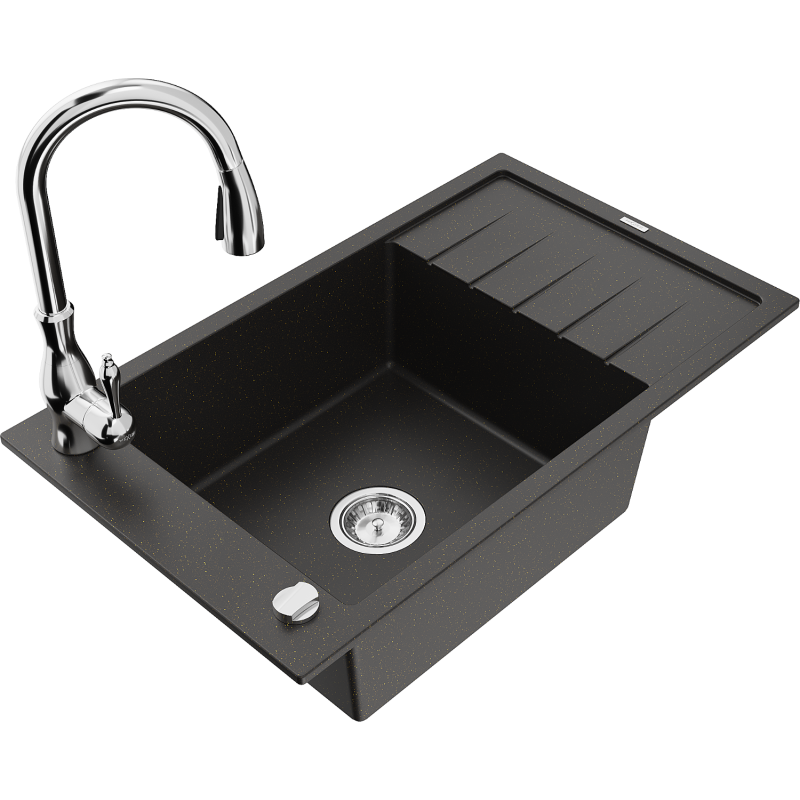 Mexen Elias Granitspüle 1-Becken mit Abtropffläche und Küchenarmatur Savita, schwarz/goldenes Metallic- 6511-75-672601-00