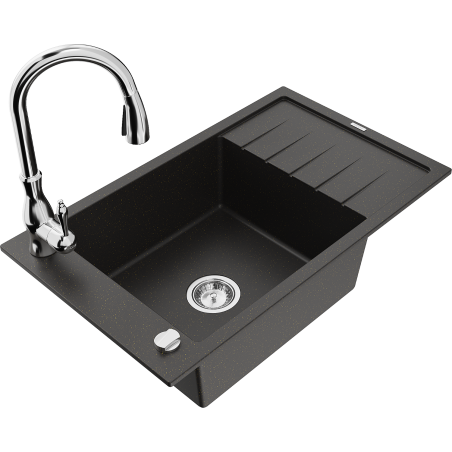 Mexen Elias Granitspüle 1-Becken mit Abtropffläche und Küchenarmatur Savita, schwarz/goldenes Metallic- 6511-75-672601-00