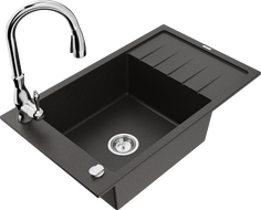 Mexen Elias Granitspüle 1-Becken mit Abtropffläche und Küchenarmatur Savita, schwarz/goldenes Metallic- 6511-75-672601-00