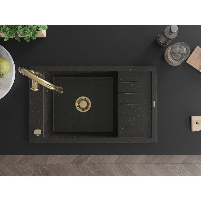 Mexen Elias Granitspüle 1-beckig mit Abtropffläche und Küchenarmatur Savita, schwarz/gold metallic - 6511-75-672601-50