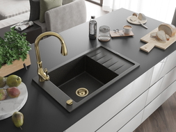 Mexen Elias Granitspüle 1-beckig mit Abtropffläche und Küchenarmatur Savita, schwarz/gold metallic - 6511-75-672601-50