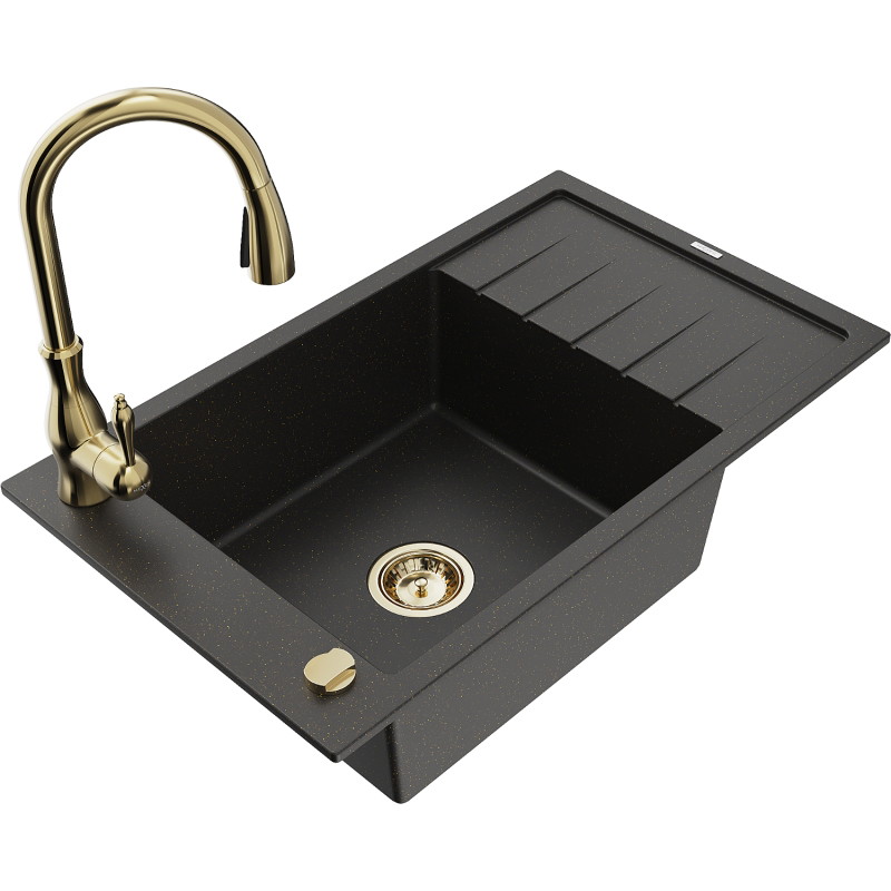 Mexen Elias granitspüle 1-becken mit abtropffläche und küchenarmatur Savita, schwarz/gold metallic - 6511-75-672601-50