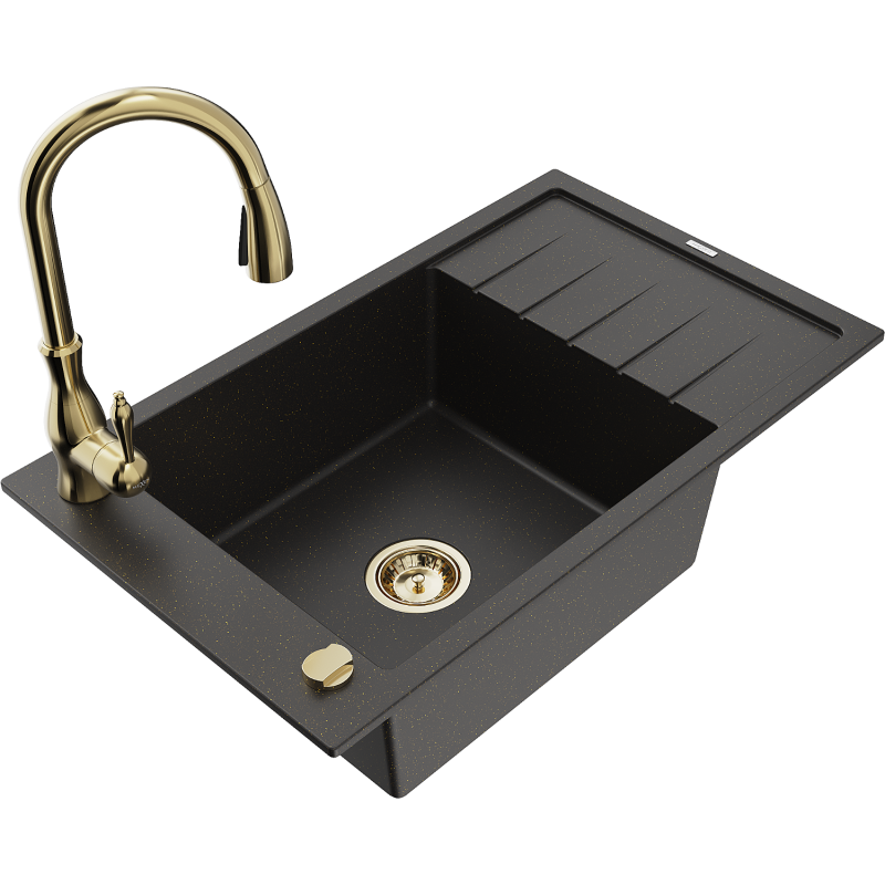 Mexen Elias Granitspüle 1-beckig mit Abtropffläche und Küchenarmatur Savita, schwarz/gold metallic - 6511-75-672601-50