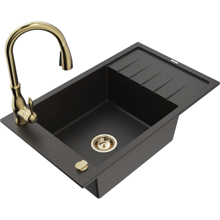 Mexen Elias Granitspüle 1-beckig mit Abtropffläche und Küchenarmatur Savita, schwarz/gold metallic - 6511-75-672601-50