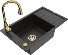 Mexen Elias Granitspüle 1-beckig mit Abtropffläche und Küchenarmatur Savita, schwarz/gold metallic - 6511-75-672601-50