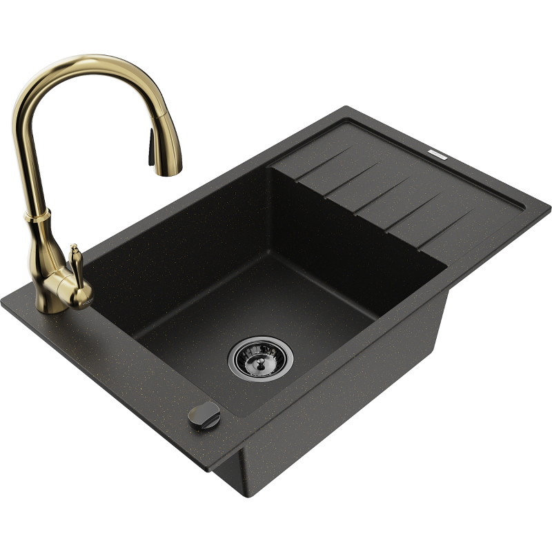 Mexen Elias Granitspüle 1-becken mit Abtropffläche und Küchenarmatur Savita, schwarz/goldener Metallic-Look