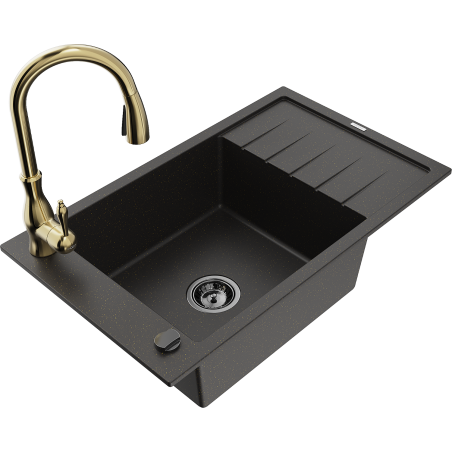 Mexen Elias Granitspüle 1-Becken mit Abtropffläche und Küchenarmatur Savita, schwarz/gold metallic - 6511-75-672601-50-B