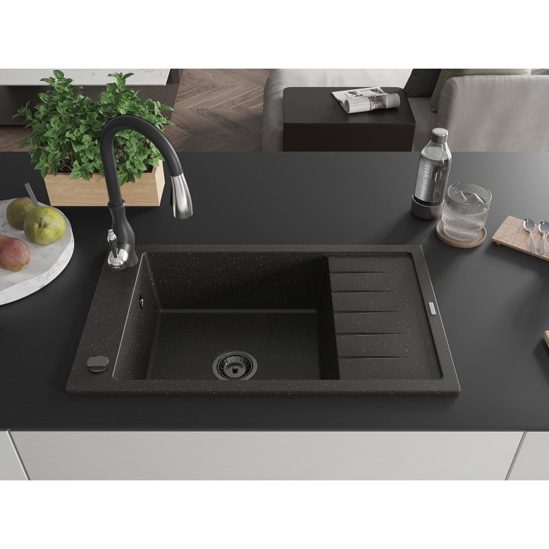 Mexen Elias Granitspüle 1-Becken mit Abtropffläche und Küchenarmatur Savita, Schwarz/Gold Metallic - 6511-75-672601-70-B