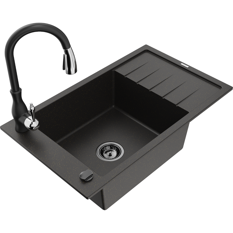 Mexen Elias Granitspüle 1-Becken mit Abtropffläche und Küchenarmatur Savita, Schwarz/Gold Metallic - 6511-75-672601-70-B