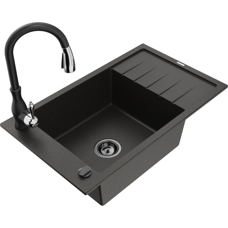 Mexen Elias Granitspüle 1-Becken mit Abtropffläche und Küchenarmatur Savita, Schwarz/Gold Metallic - 6511-75-672601-70-B