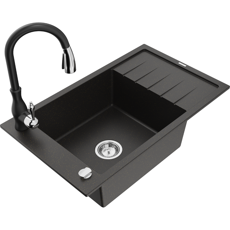 Mexen Elias Granitspüle 1-Becken mit Abtropffläche und Küchenarmatur Savita, schwarz/gold metallic - 6511-75-672601-70