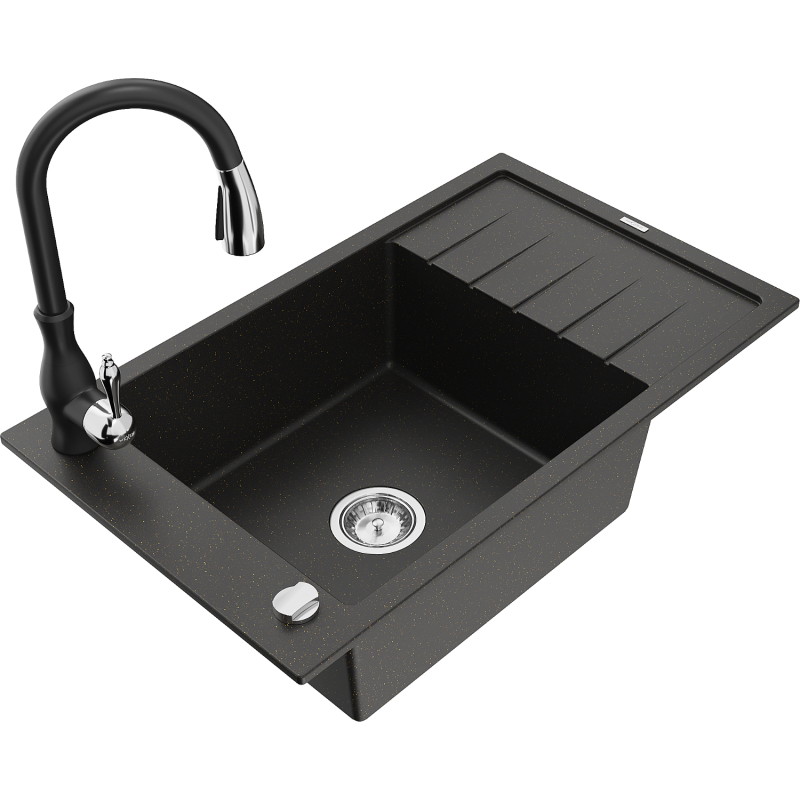 Mexen Elias Granitspüle 1-Becken mit Abtropffläche und Küchenarmatur Savita, schwarz/goldmetallic - 6511-75-672601-70