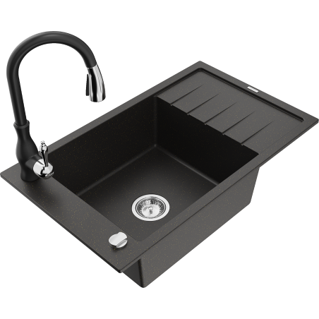 Mexen Elias Granitspüle 1-Becken mit Abtropffläche und Küchenarmatur Savita, schwarz/gold metallic - 6511-75-672601-70