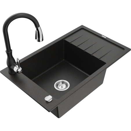 Mexen Elias Granitspüle 1-Becken mit Abtropffläche und Küchenarmatur Savita, schwarz/goldmetallic - 6511-75-672601-70