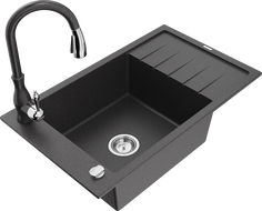 Mexen Elias Granitspüle 1-kompartimentig mit Abtropffläche und Küchenarmatur Savita, schwarz gesprenkelt - 6511-76-672601-76