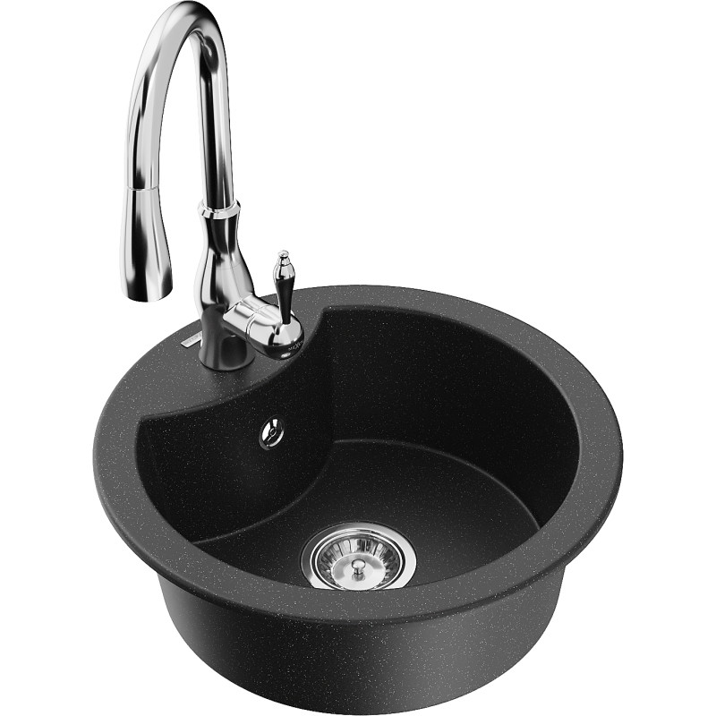 Mexen Diego granitspüle 1-becken mit küchenarmatur Savita, schwarz/silber metallic - 6512-73-672601-00