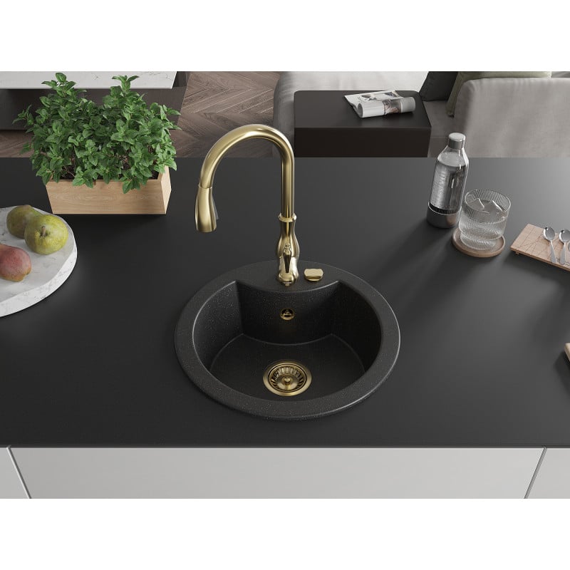 Mexen Diego Granitspüle 1-beckig mit Küchenarmatur Savita, schwarz/silber metallic - 6512-73-672601-50