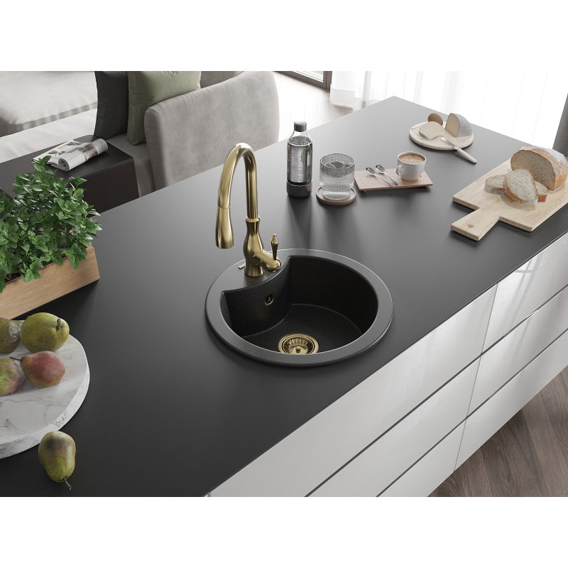 Mexen Diego Granitspüle 1-beckig mit Küchenarmatur Savita, schwarz/silber metallic - 6512-73-672601-50