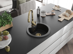 Mexen Diego Granitspüle 1-Becken mit Küchenarmatur Savita, schwarz/silber metallic - 6512-73-672601-50