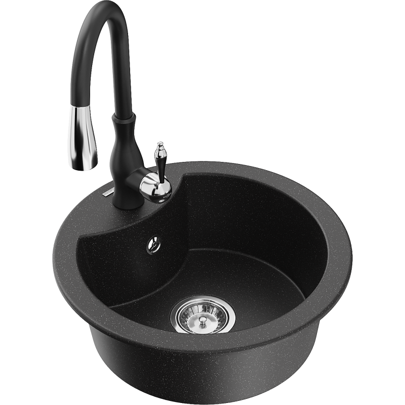 Mexen Diego Granitspüle 1-Becken mit Küchenarmatur Savita, schwarz/silber metallic - 6512-73-672601-70