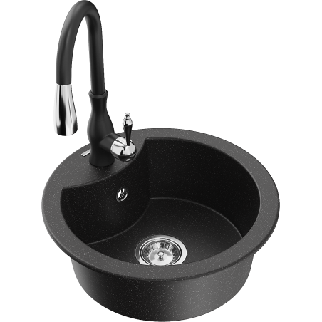 Mexen Diego Granitspüle 1-Becken mit Küchenarmatur Savita, schwarz/silber metallic - 6512-73-672601-70