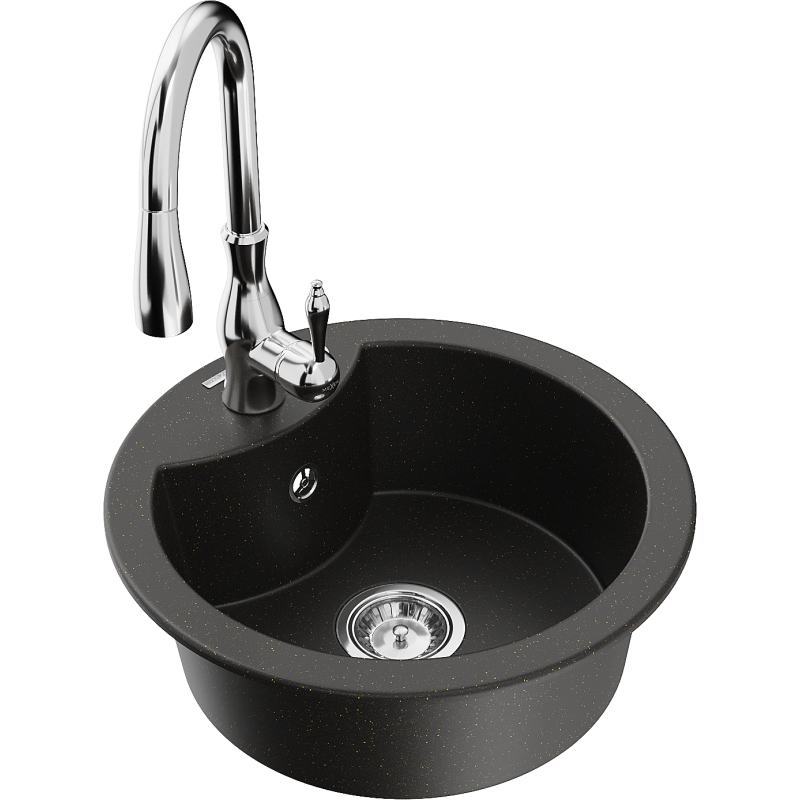 Mexen Diego Granitspüle 1-becken mit Küchenarmatur Savita, schwarz/gold Metallic - 6512-75-672601-00