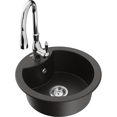 Mexen Diego Granitspüle 1-becken mit Küchenarmatur Savita, schwarz/gold Metallic - 6512-75-672601-00