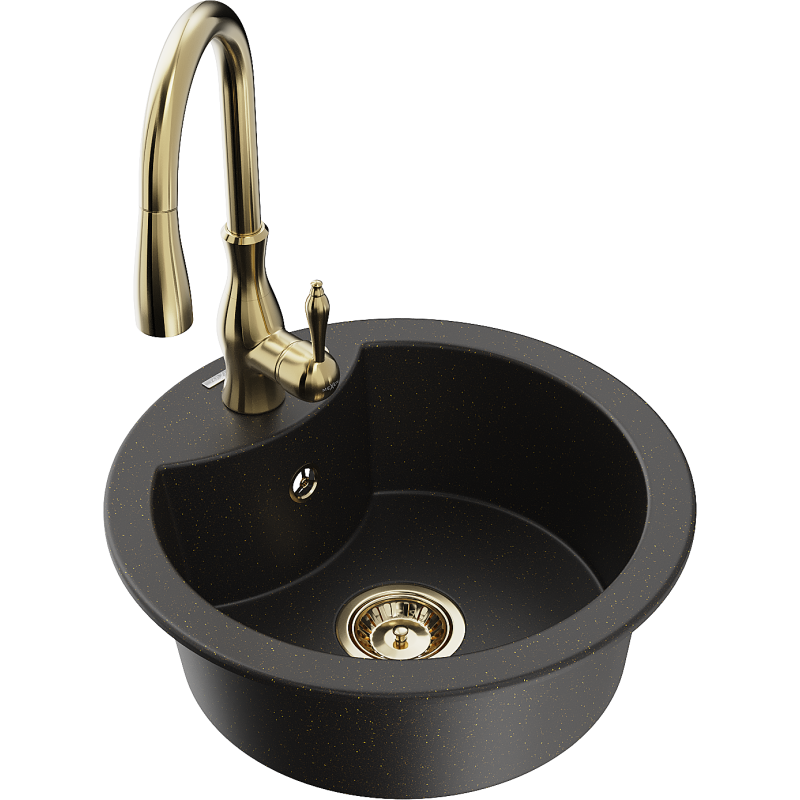 Mexen Diego Granitspüle 1-Kammer mit Küchenarmatur Savita, schwarz/gold Metallic - 6512-75-672601-50