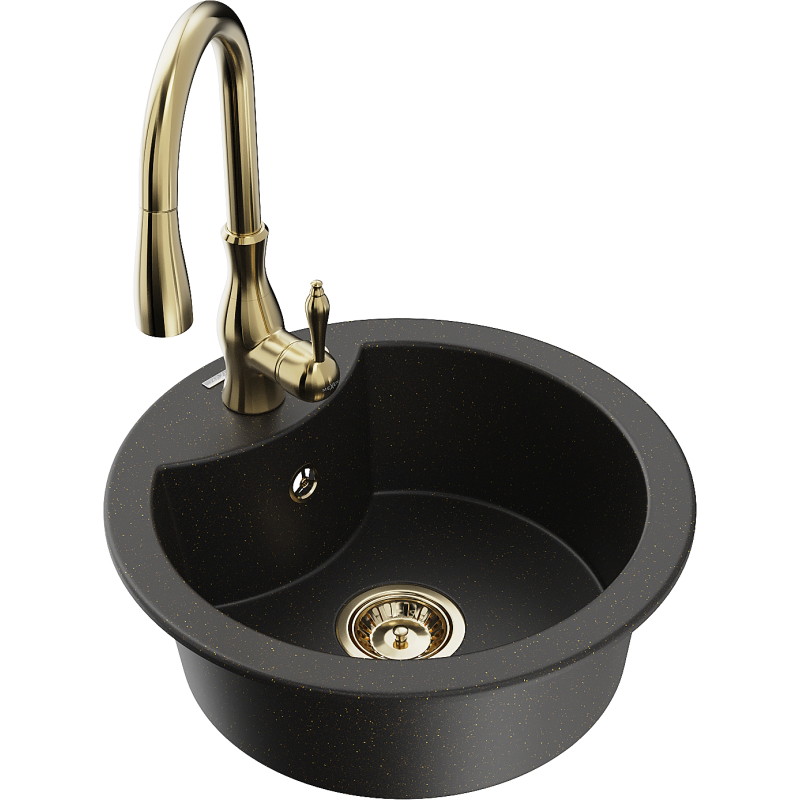 Mexen Diego Granitspüle 1-komorige mit Küchenarmatur Savita, schwarz/gold metallic - 6512-75-672601-50