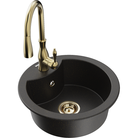 Mexen Diego Granitspüle 1-Kammer mit Küchenarmatur Savita, schwarz/gold Metallic - 6512-75-672601-50