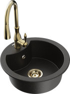 Mexen Diego Granitspüle 1-Kammer mit Küchenarmatur Savita, schwarz/gold Metallic - 6512-75-672601-50