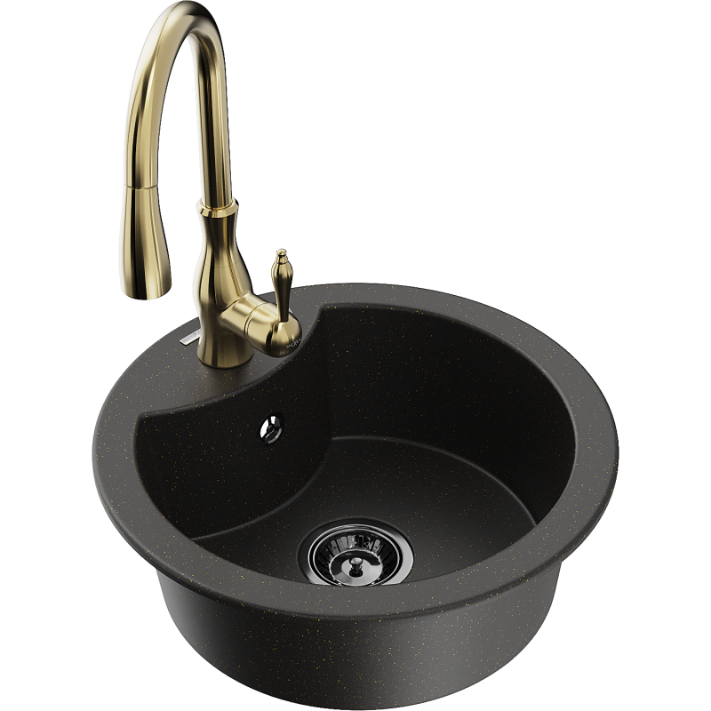 Mexen Diego Granitspüle 1-becken mit Küchenarmatur Savita, schwarz/gold metallic - 6512-75-672601-50-B