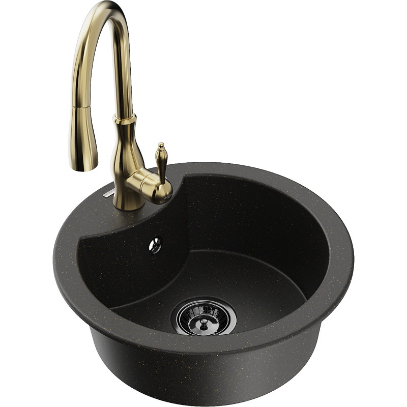 Mexen Diego Granitspüle 1-beckig mit Küchenarmatur Savita, schwarz/gold metallic - 6512-75-672601-50-B