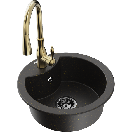 Mexen Diego Granitspüle 1-becken mit Küchenarmatur Savita, schwarz/gold metallic - 6512-75-672601-50-B