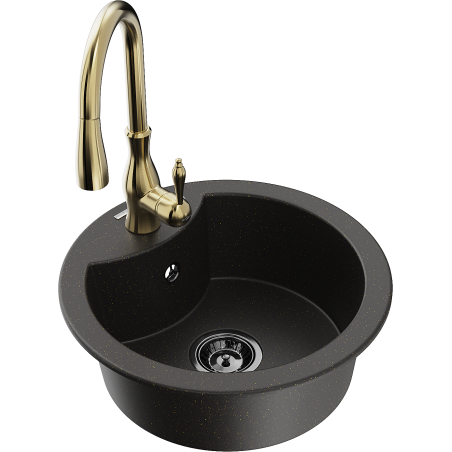 Mexen Diego Granitspüle 1-beckig mit Küchenarmatur Savita, schwarz/gold metallic - 6512-75-672601-50-B